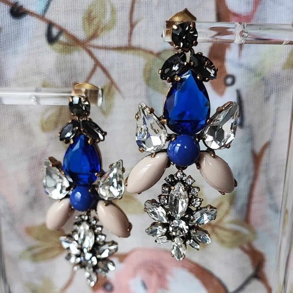 J. Crew Brand Sapphire Blue Opaque Cabachons Clear Rhinestones Pierced Earrings